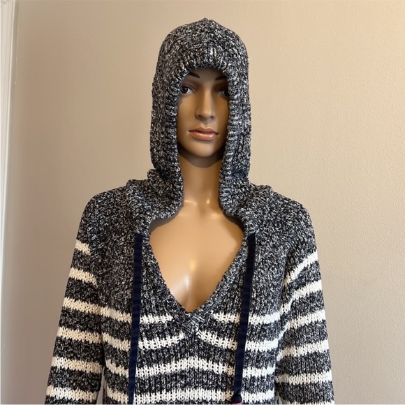 WHITE+WARREN Hooded Blue White Striped Tassel Long Sleeve Knit Sweater Size S - Picture 3 of 11